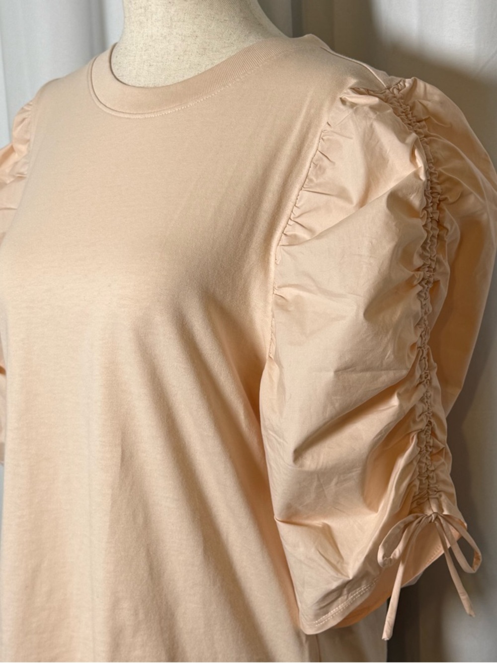 FRAME Ruched Tie Sleeve Tee Blush Pink Puff Sleeve Top XL NWT - Picture 9 of 13